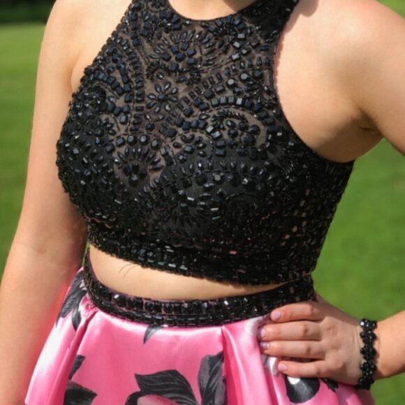 MORI LEE 2-Piece Pink Black Beaded Crop Top Floral Satin Skirt Dress Prom Gown 6 - Picture 5 of 7